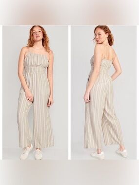 Striped Linen-Blend Beige and White Wide-Leg Jumpsuit